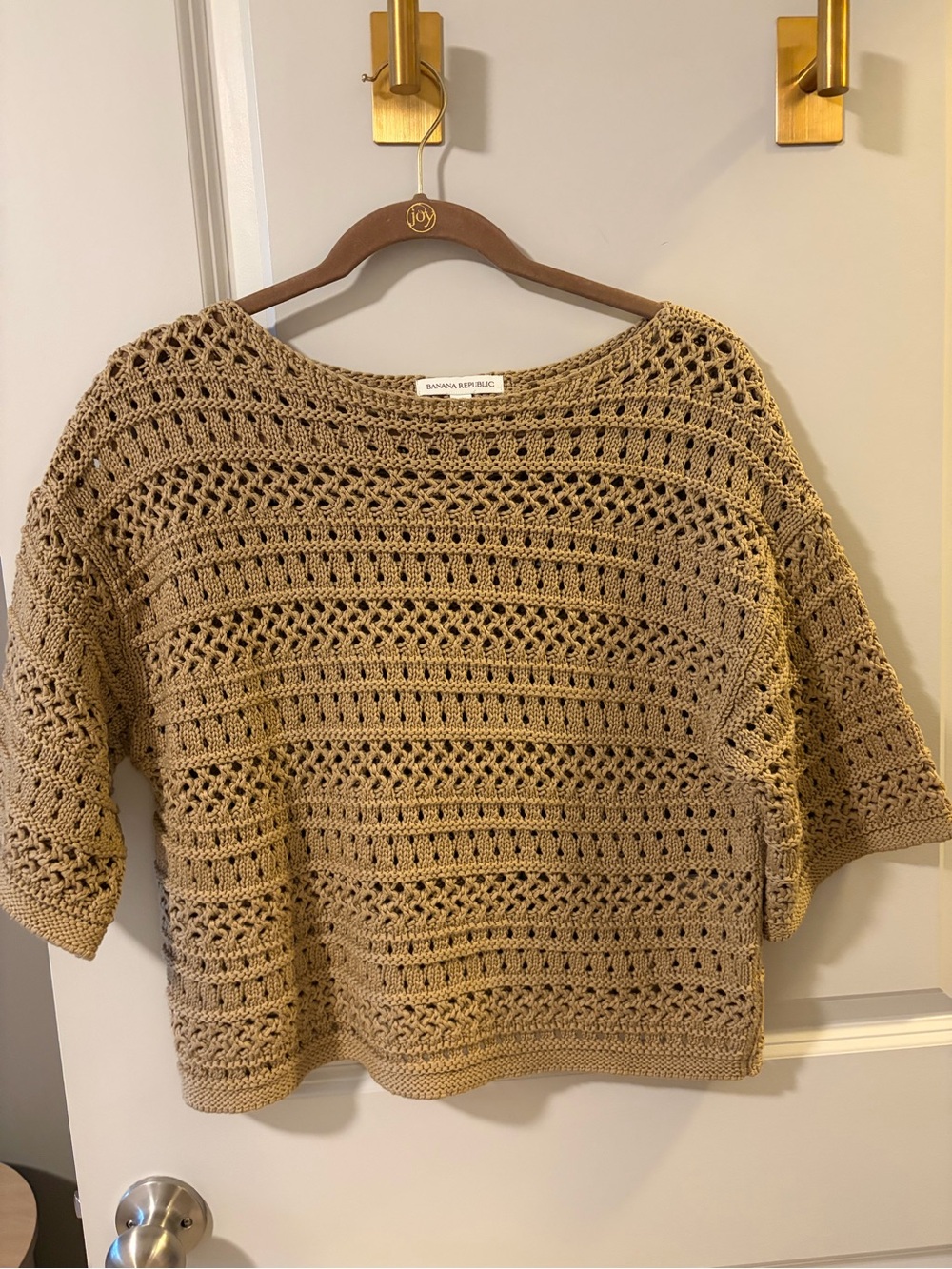 Banana Republic Open Crochet Short-Sleeve Crewneck Sweater in Tan